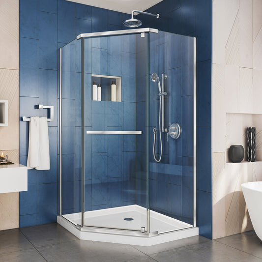 Prism 42 in. x 74 3/4 in. Frameless Neo-Angle Pivot Shower Enclosure in Chrome with White Base Kit