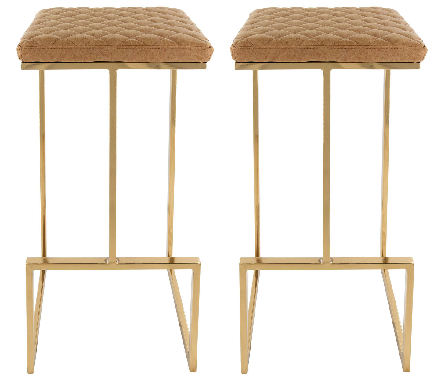 LeisureMod Quincy Light Brown Leather Bar Stools With Gold Metal Frame Set of 2