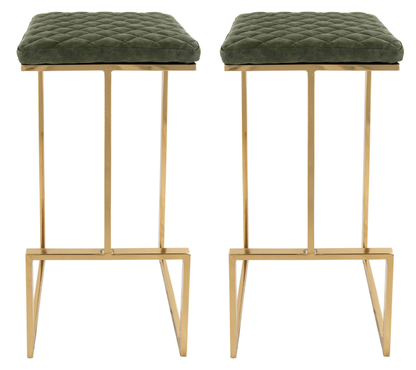 LeisureMod Quincy Olive Green Leather Bar Stools With Gold Metal Frame Set of 2