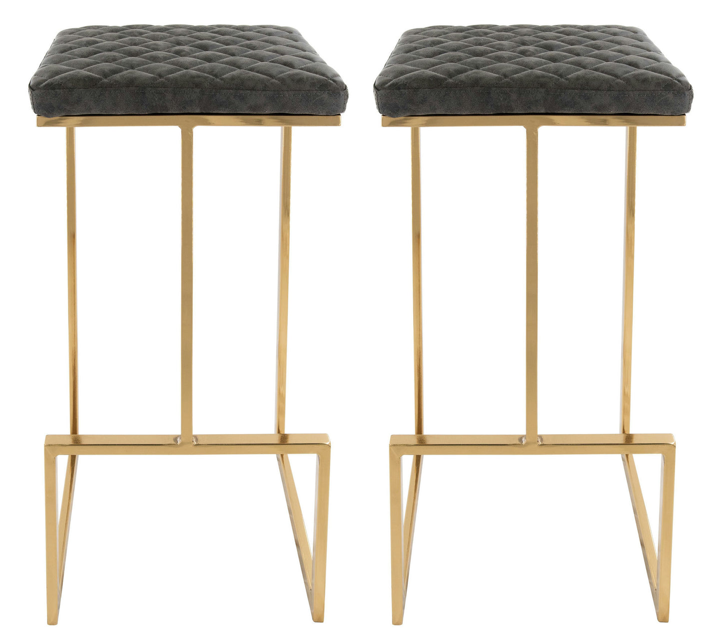 LeisureMod Quincy Grey Leather Bar Stools With Gold Metal Frame Set of 2