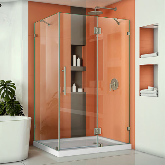 Quatra Lux 34 1/4 in. D x 46 3/8 in. W x 72 in. H Frameless Hinged Shower Enclosure in Brushed Nickel