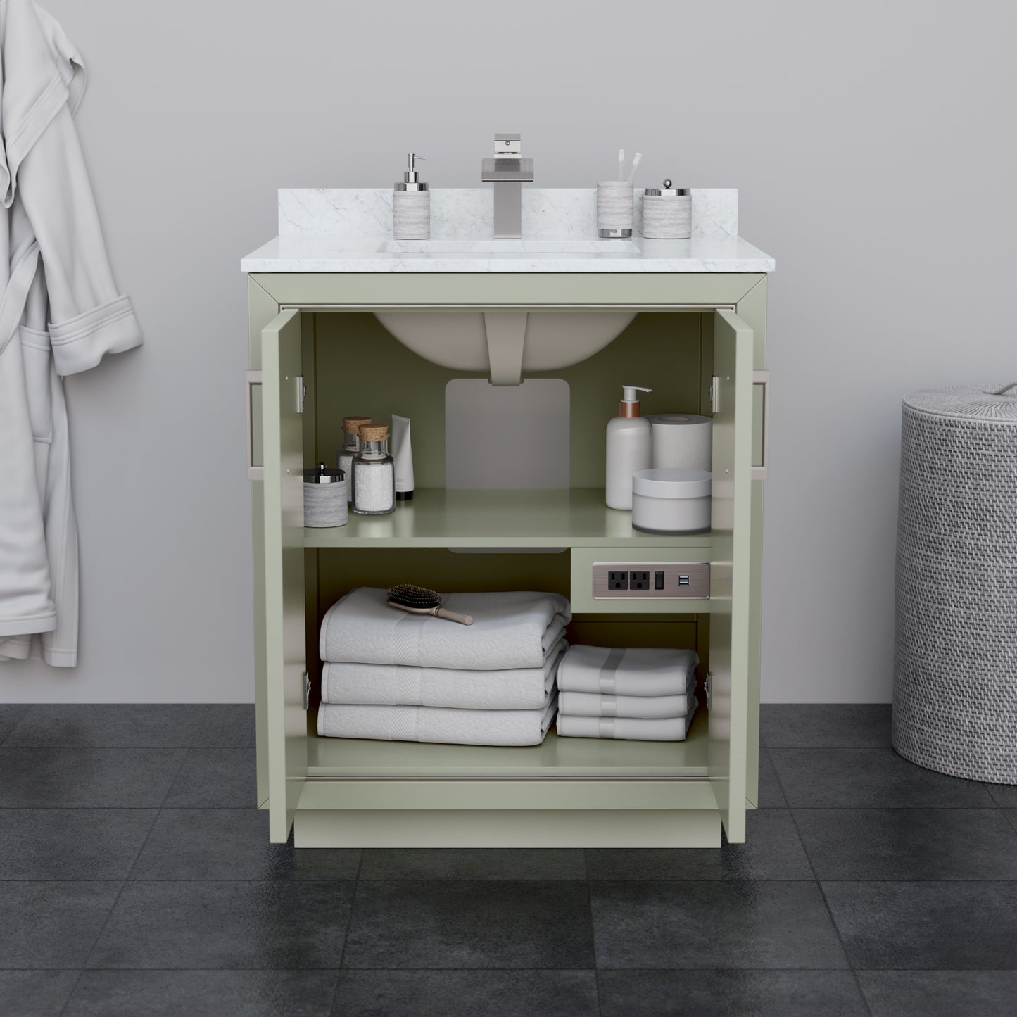 Icon 30" Single Vanity in Light Green, White Cultured Marble Top, Nickel Trim