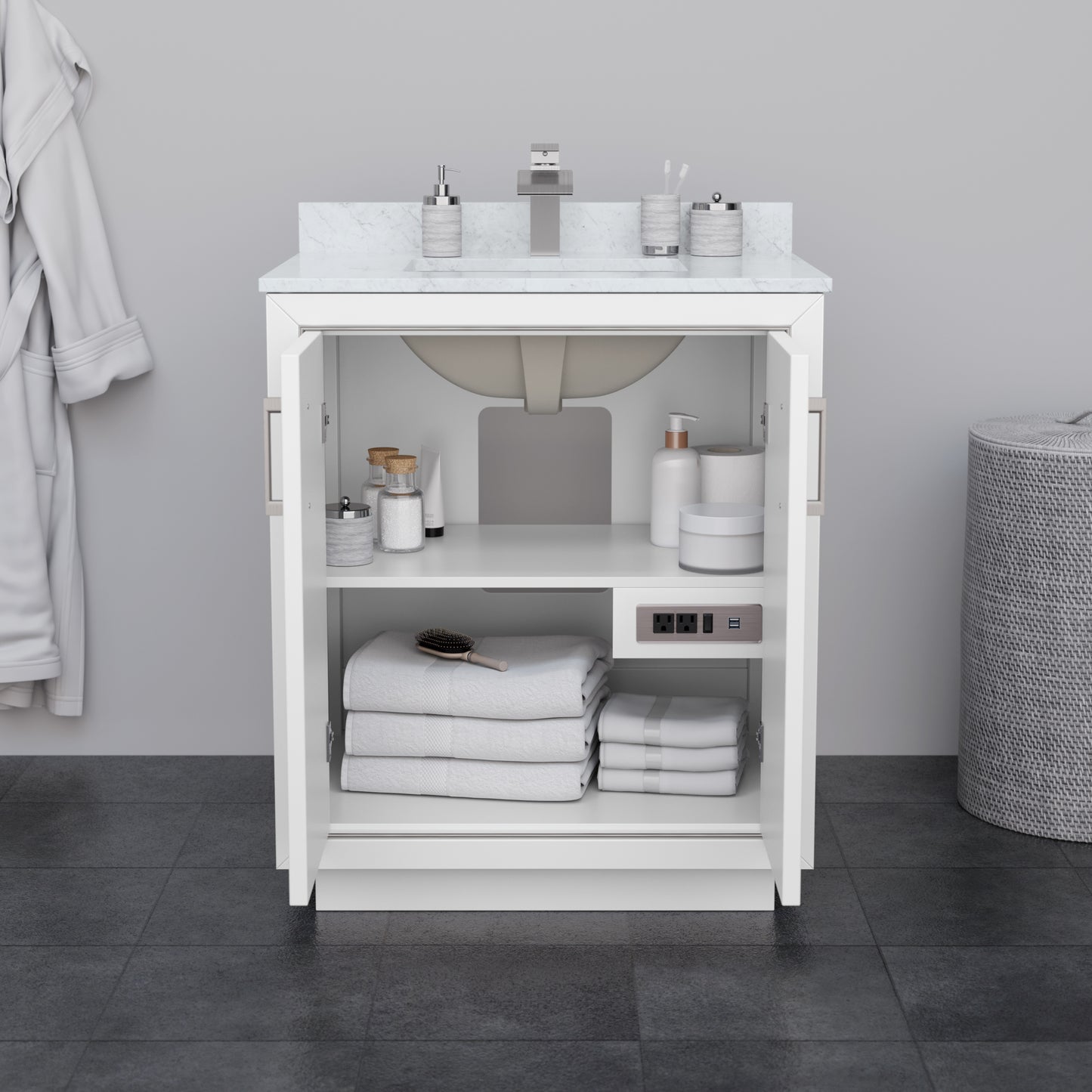 Icon 30" Single Vanity in White, White Marble Top, Black Trim, 24" Mirror