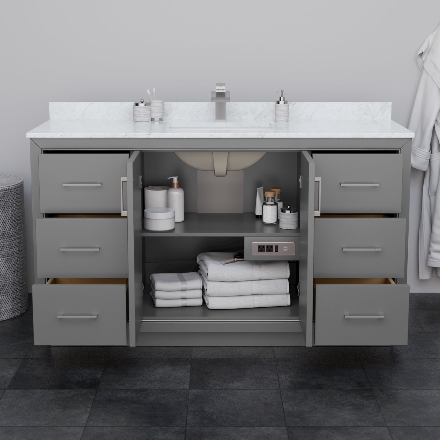 Icon 60" Single Vanity in Dark Gray, Top, Square Sink, Matte Black Trim