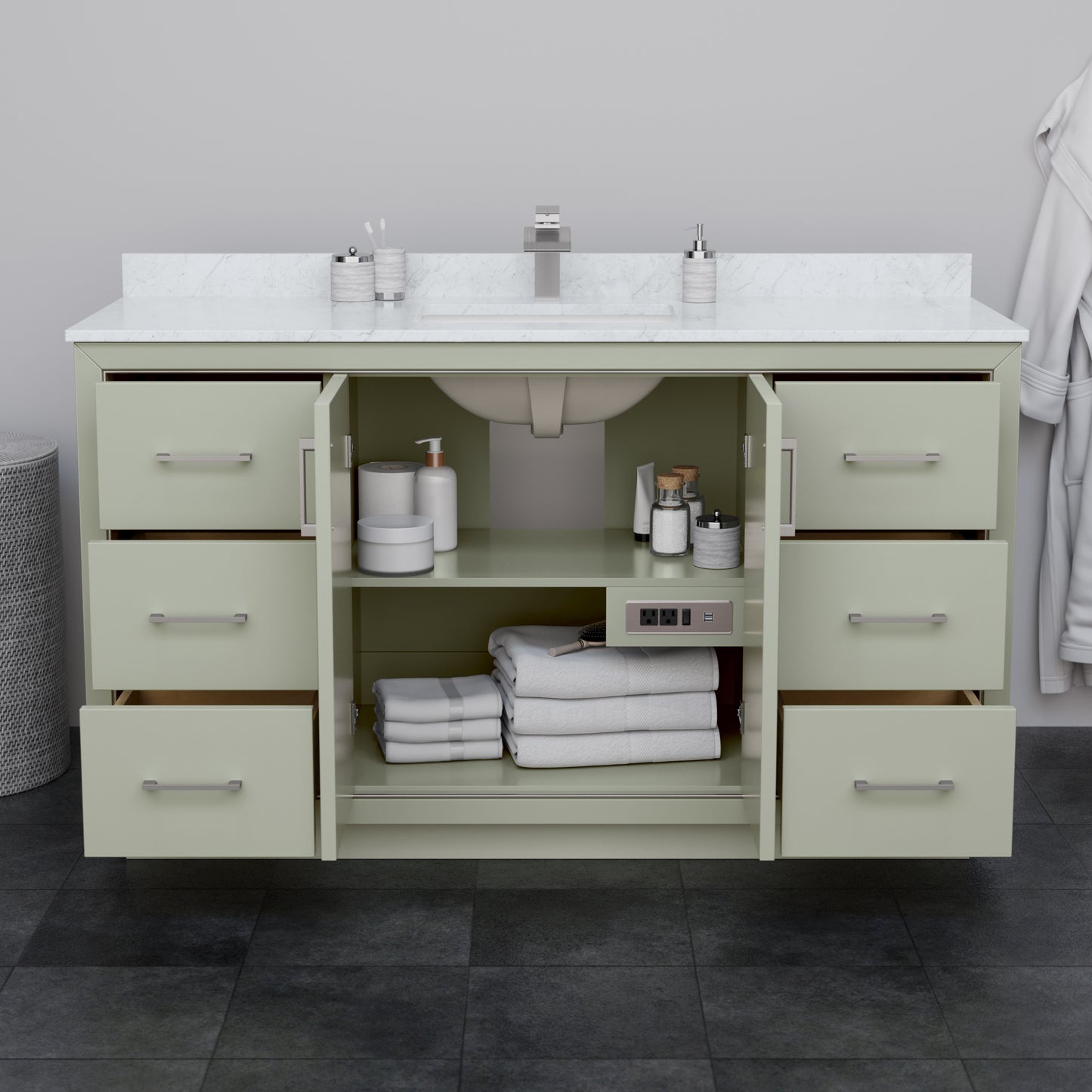 Icon 60" Single Vanity in Light Green, No Top, No Sink, Brushed Nickel Trim