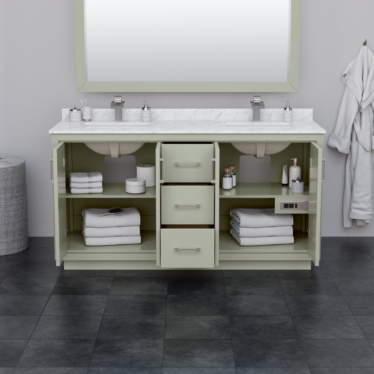 Icon 66" Light Green Double Vanity, Carrara Marble Top, Nickel Trim, 58" Mirror