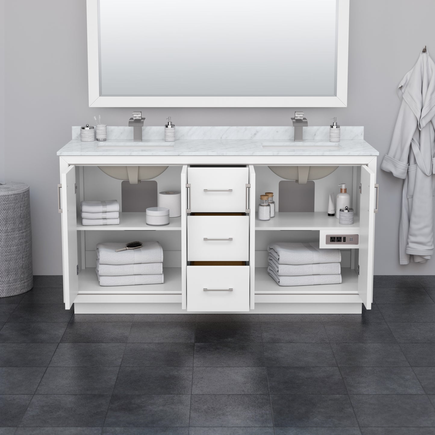 Icon 66" Double Vanity in White, White Marble Top, Nickel Trim, 58" Mirror