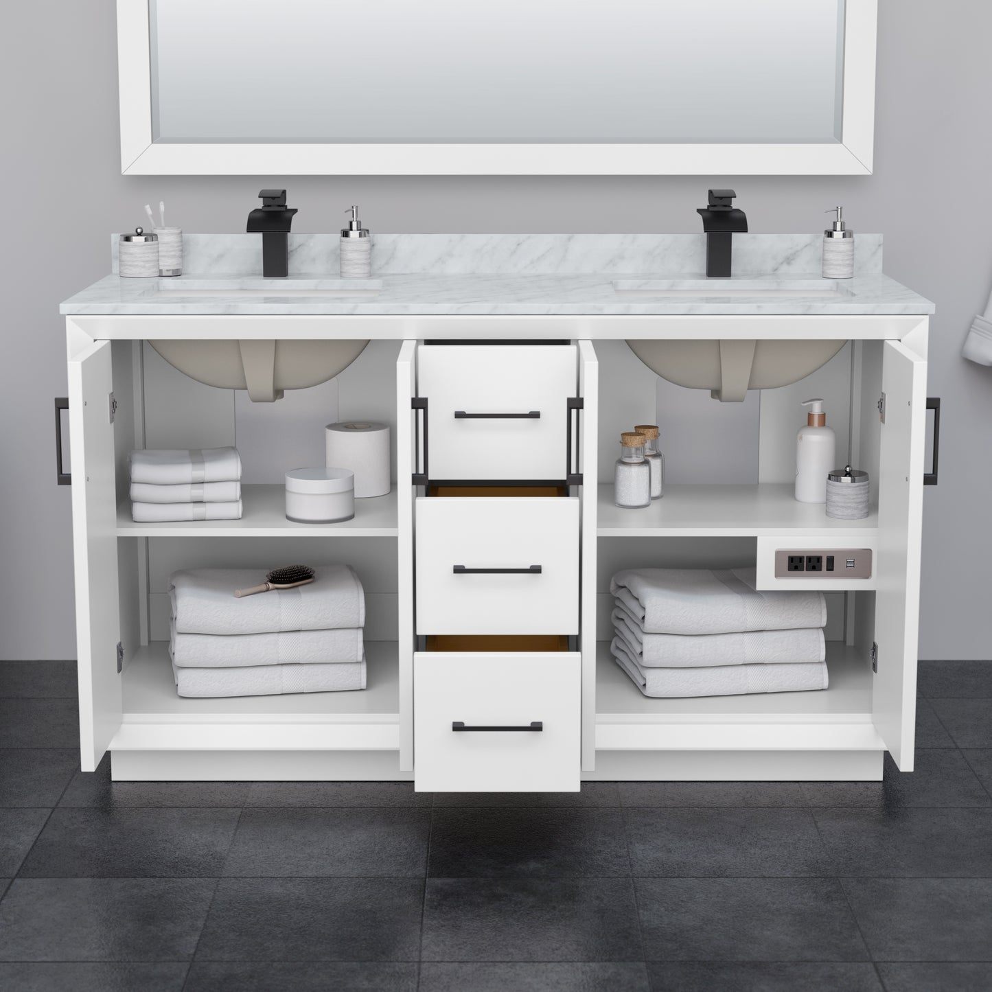Strada 60 Inch Double Vanity in White, No Countertop, Matte Black Trim