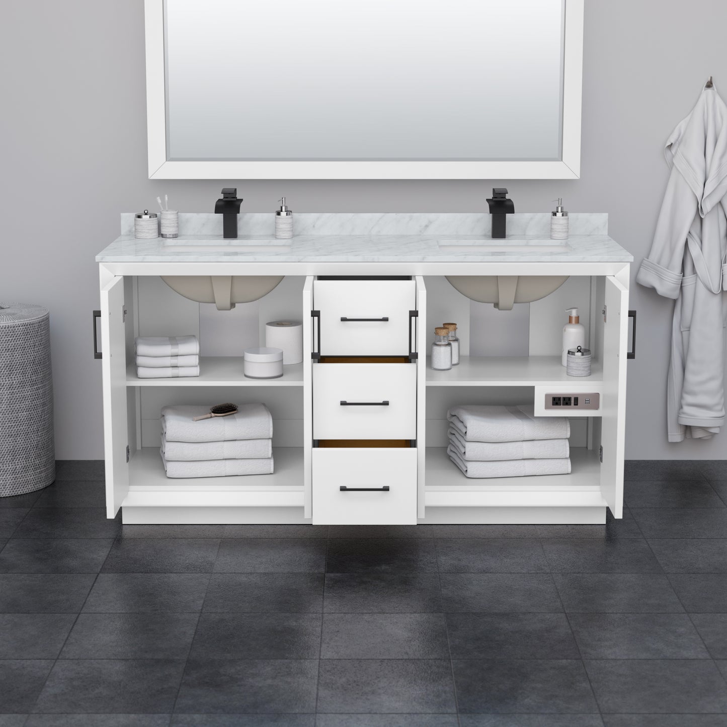 Strada 66 Inch Double Vanity in White, No Countertop, Satin Bronze Trim