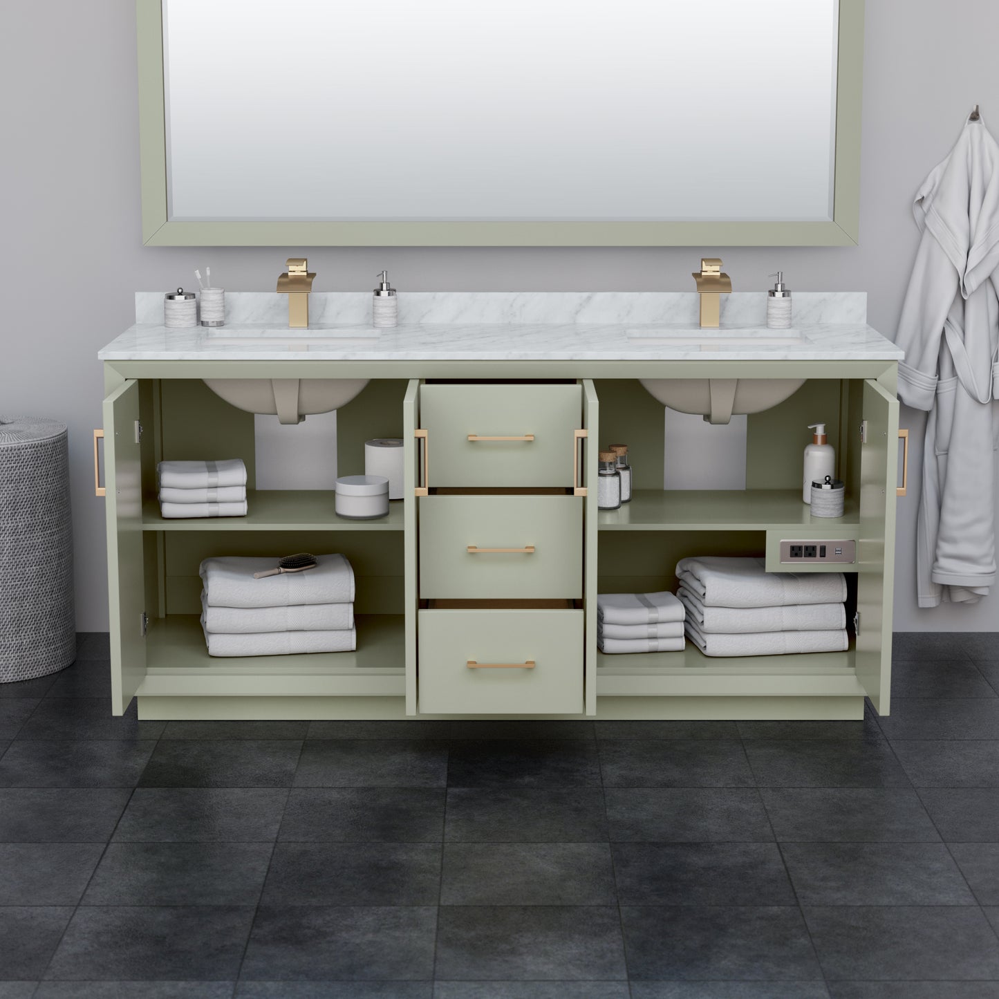 Strada 72" Green Double Vanity, Marble Top, Sinks, Bronze Trim, 70" Mirror