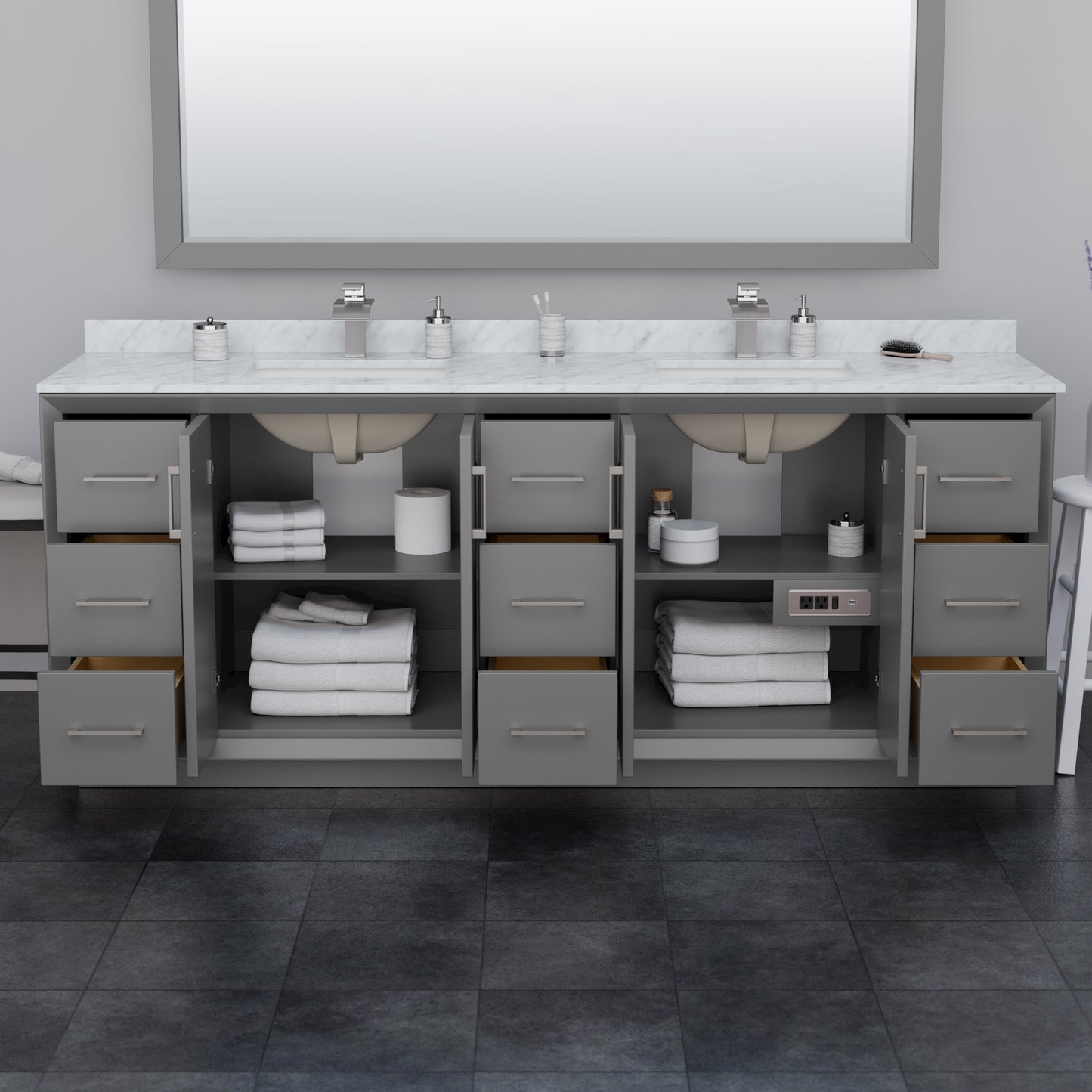 Strada 84 Inch Double Vanity in Dark Gray, No Countertop, Matte Black Trim