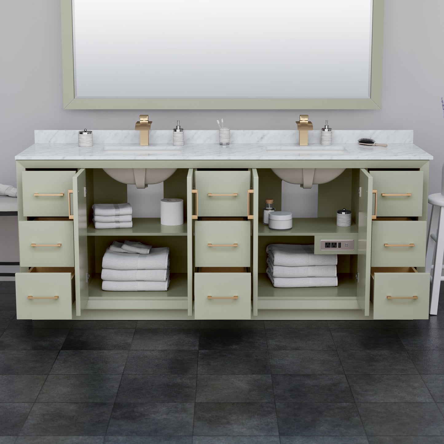 Strada 84" Green Double Vanity, Marble Top, Sinks, Nickel Trim, 70" Mirror