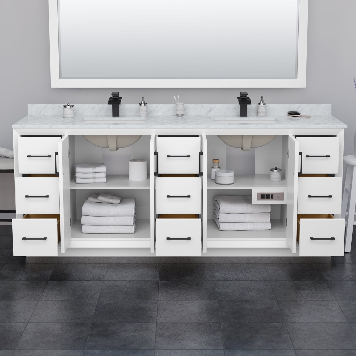 Strada 84 Inch Double Vanity in White, No Countertop, Brushed Nickel Trim