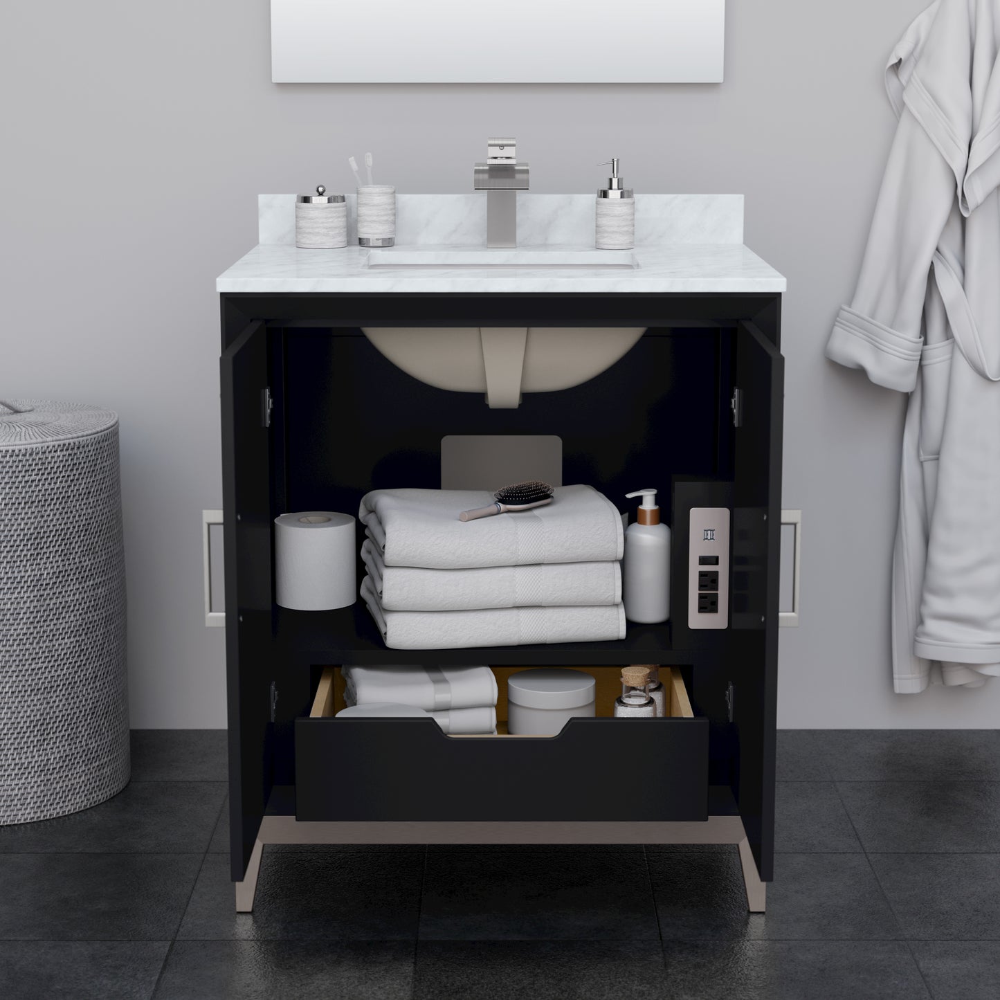 Marlena 30 Inch Single Vanity in Black, No Top, No Sink, Brushed Nickel Trim