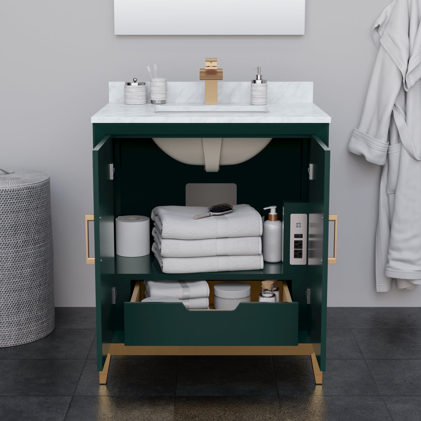 Marlena 30 Inch Single Vanity in Green, No Top, No Sink, Satin Bronze Trim