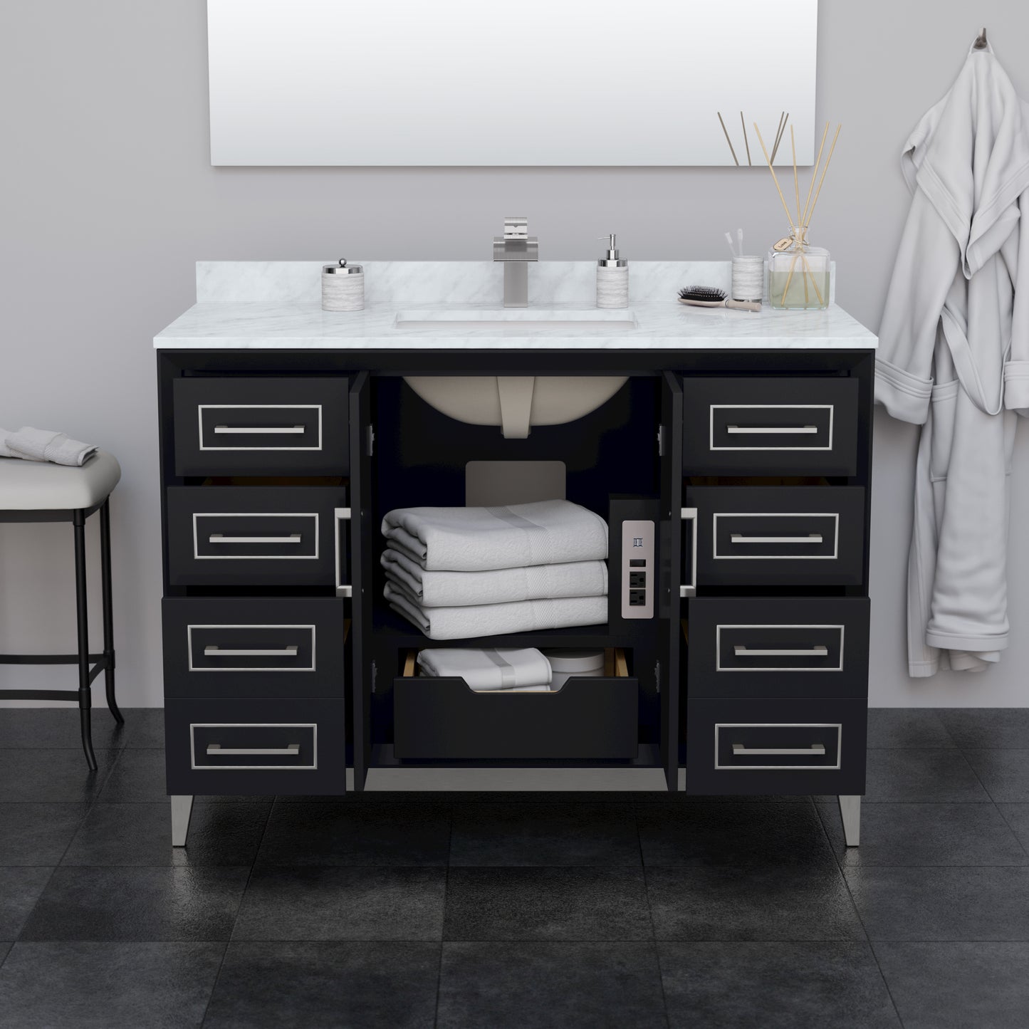 Marlena 48 Inch Single Vanity in Black, No Top, No Sink, Brushed Nickel Trim