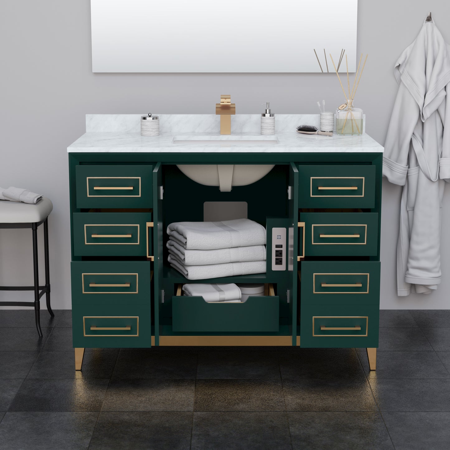 Marlena 48 Inch Single Vanity in Green, No Top, No Sink, Satin Bronze Trim