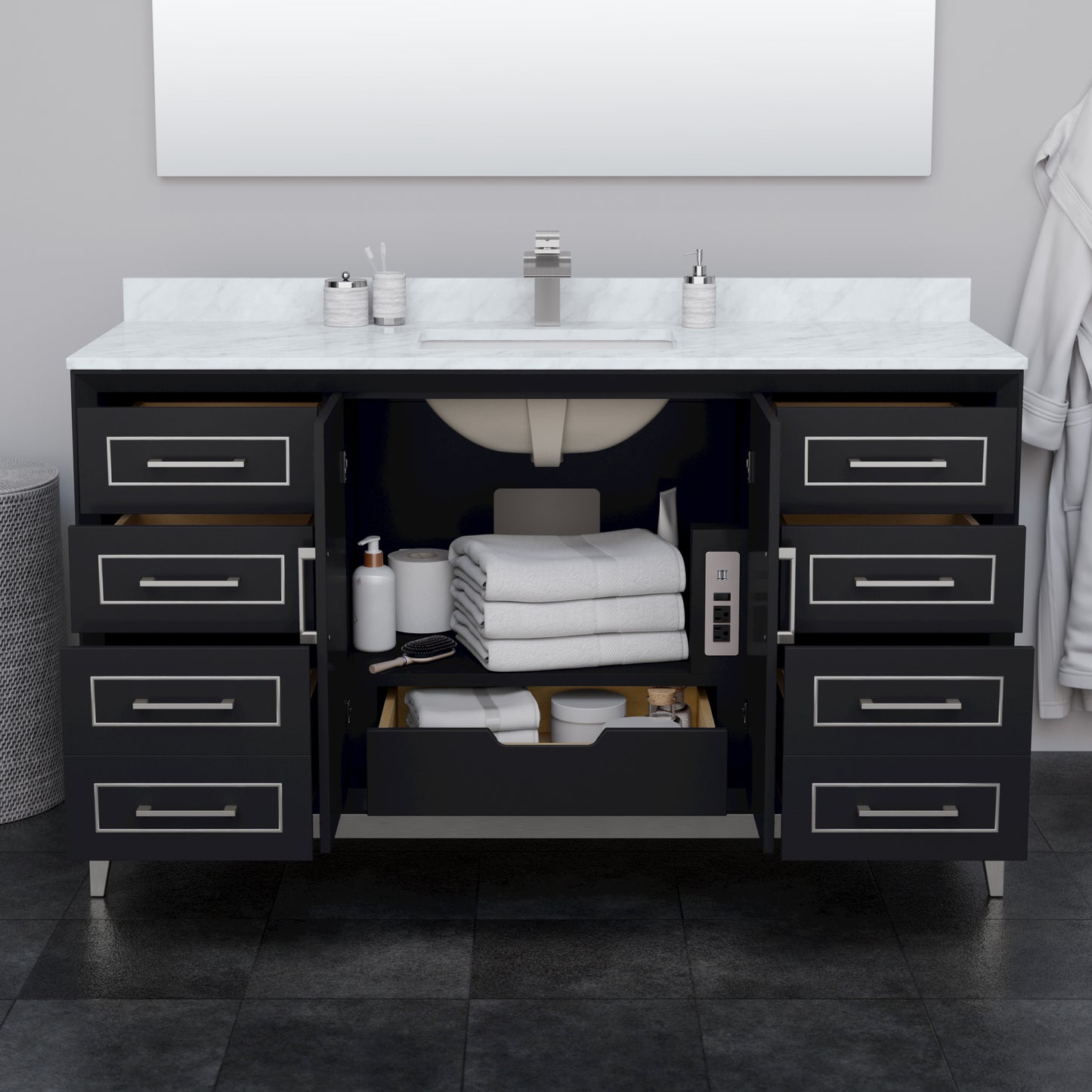 Marlena 60 " Single Vanity in Black, White  Marble Top, Sink, Nickel Trim