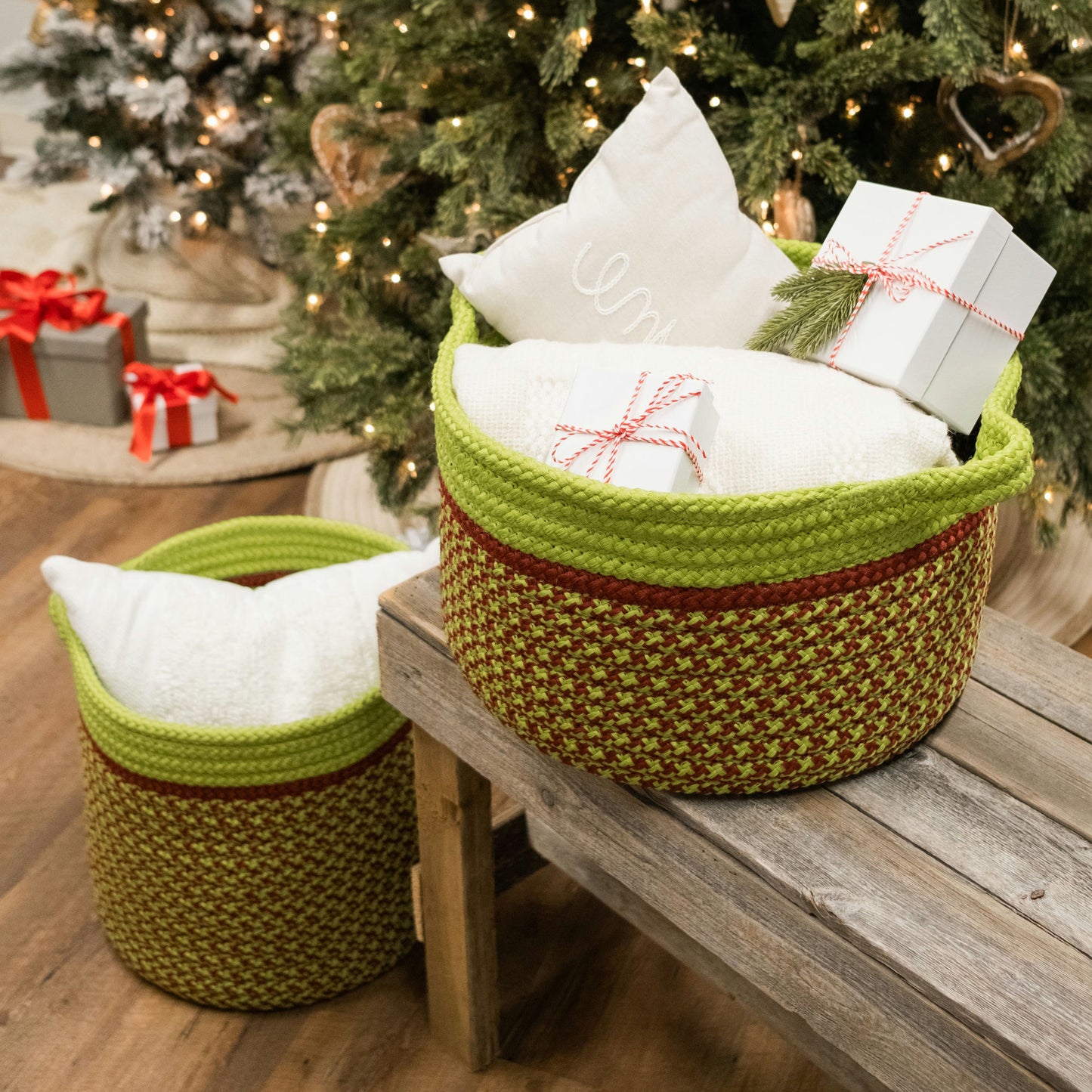 Merry & Bright Houndstooth Basket - Red/Green 14"x14"x14"