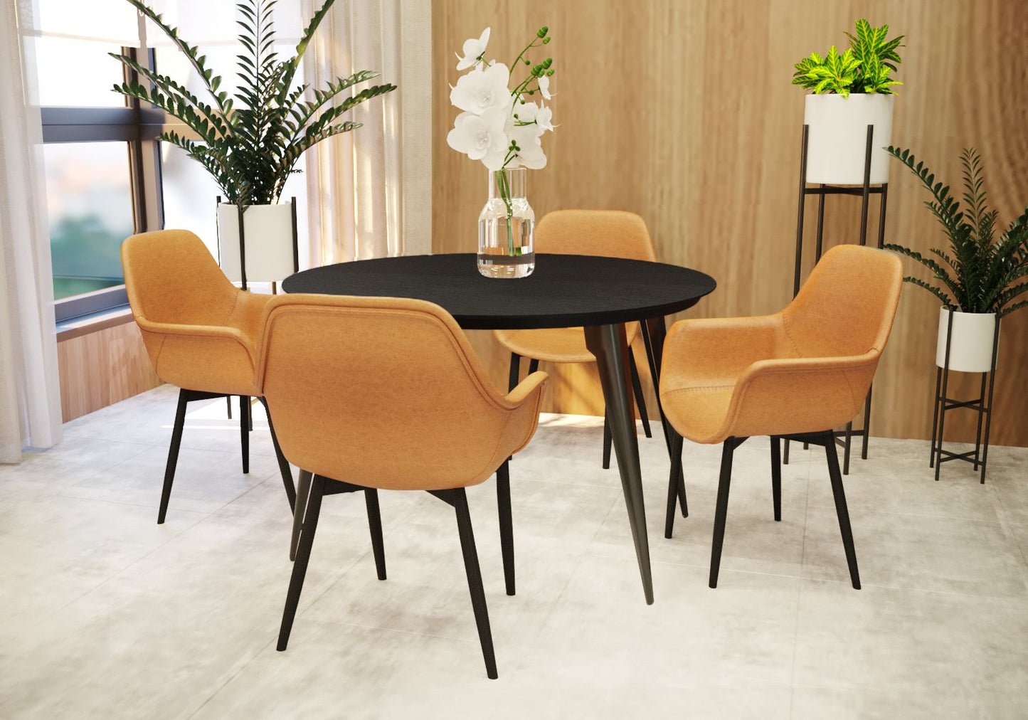 LeisureMod Ravenna Modern Round Ebony Wood 47" Dining Table With Metal Legs