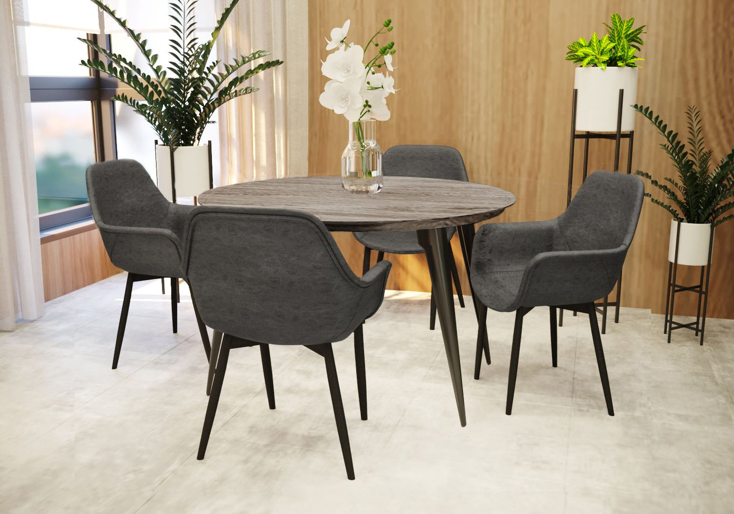 LeisureMod Ravenna Modern Round Oak Wood 47" Dining Table With Metal Legs