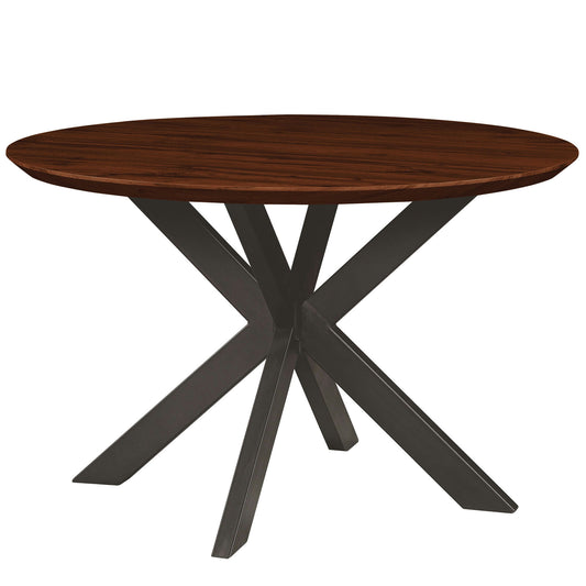 LeisureMod Ravenna 47" Round Dark Walnut Wood Dining Table With Metal Base