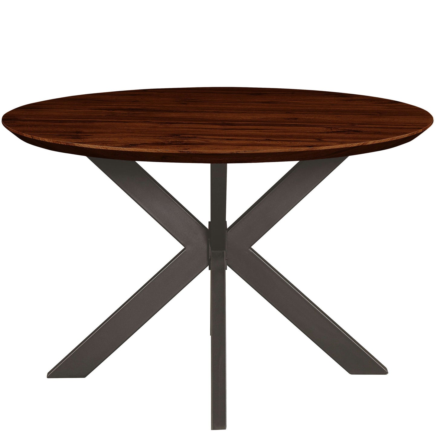 LeisureMod Ravenna 47" Round Dark Walnut Wood Dining Table With Metal Base