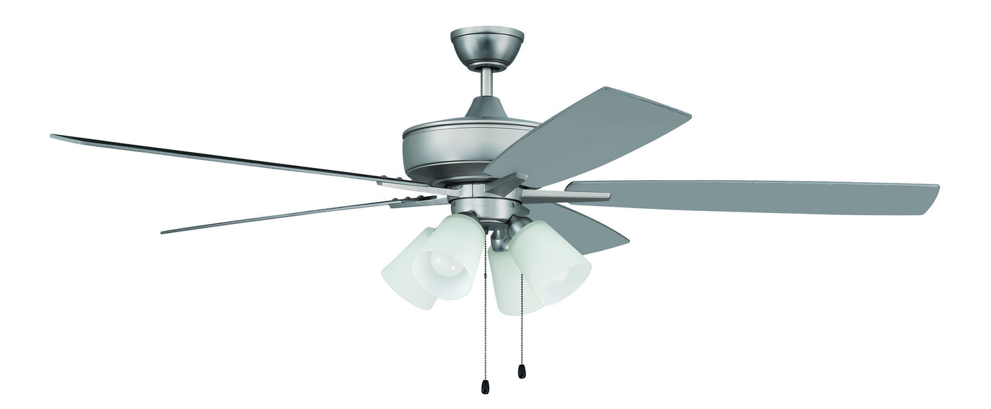 60" Super Pro Fan w/ 4 Light Kit White Glass and Blades in Brushed Satin Nickel