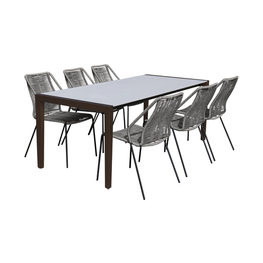Indoor 7 Piece Dining Set in Dark Wood with Superstone and Grey Rope