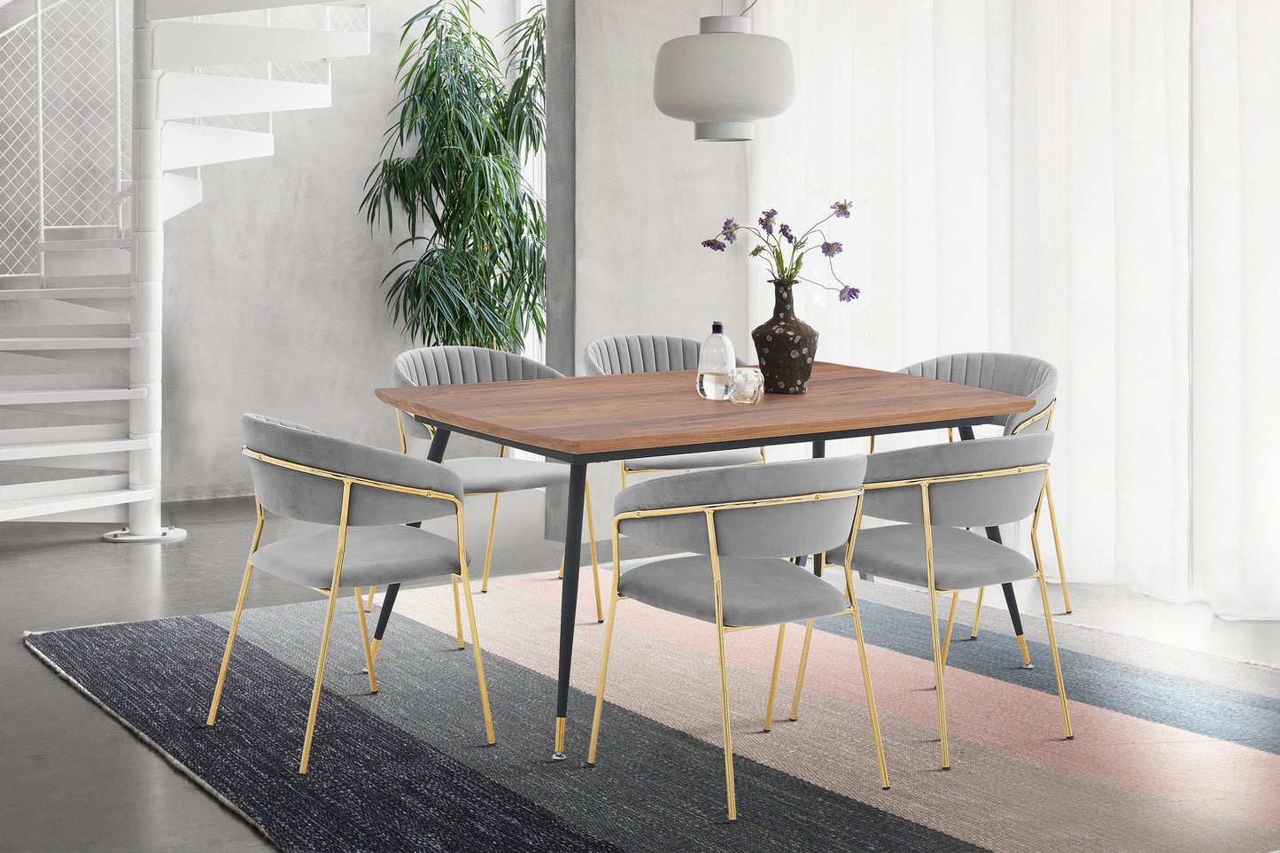 Messina and Nara Gray Velvet 7 Piece Rectangular Dining Set