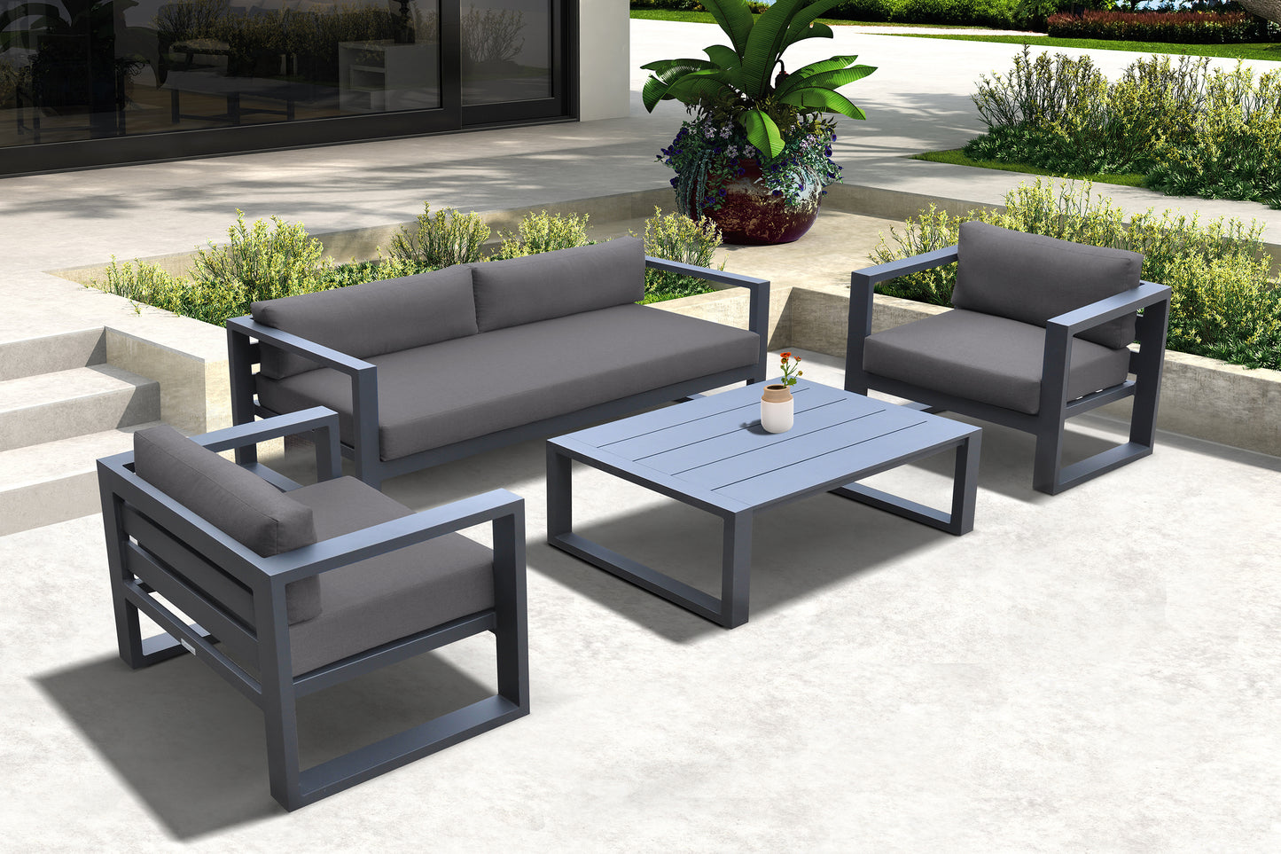 Aelani Outdoor 4 piece Set in Dark Grey Finish and Charcoal Cushions