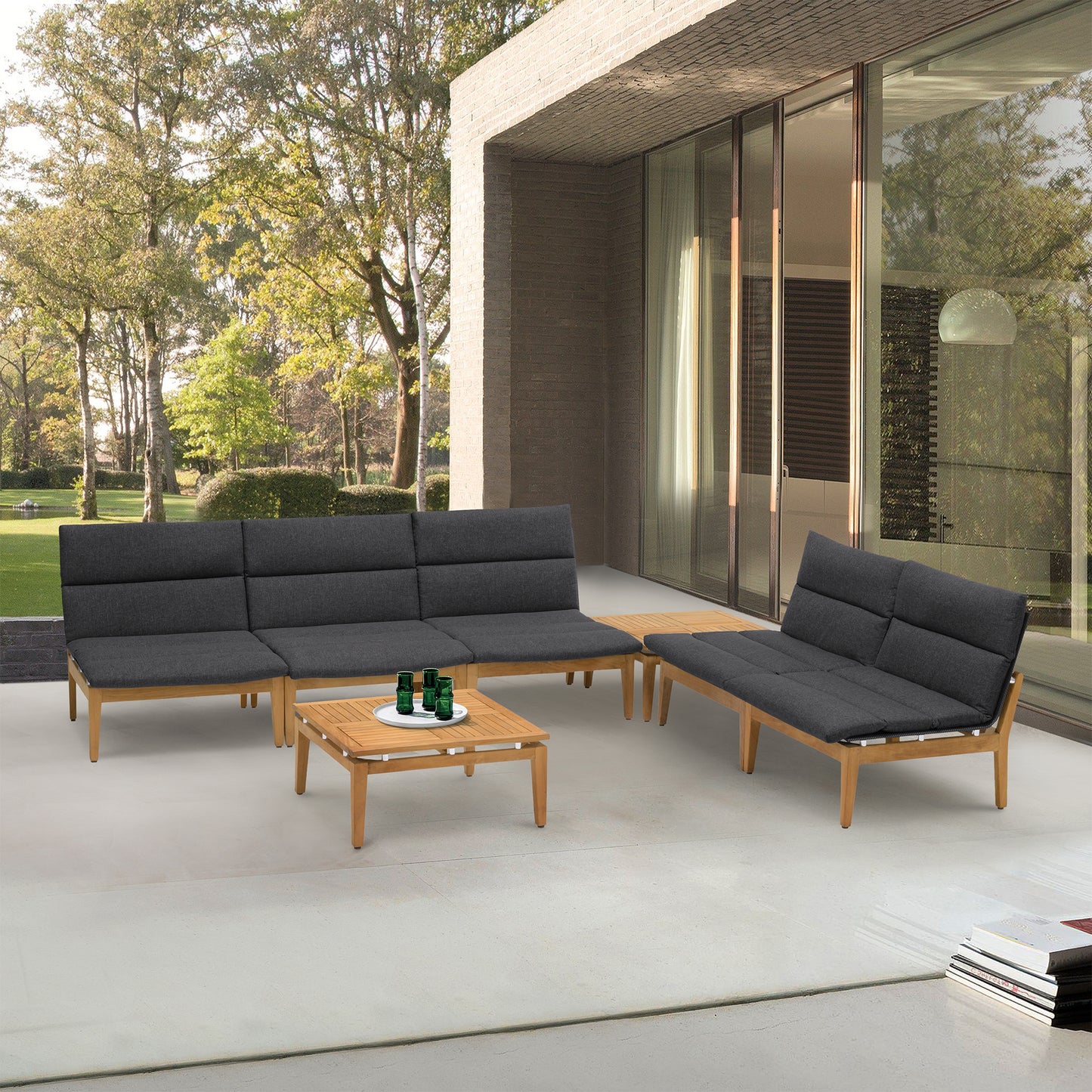 Arno 7 Piece Teak Wood Seating Set in Charcoal Olefin