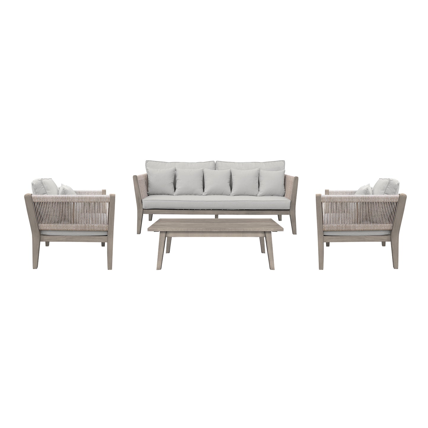 Condesa 4 Piece Patio Furniture Set in Acacia Wood and Rope with Grey Cushions