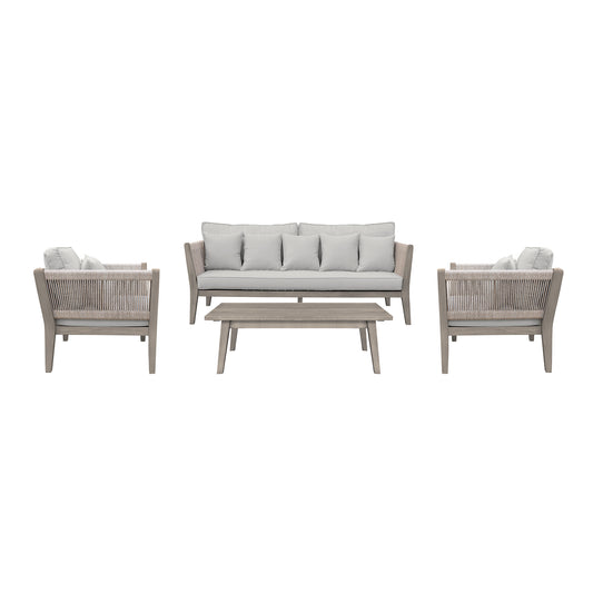Condesa 4 Piece Patio Furniture Set in Acacia Wood and Rope with Grey Cushions