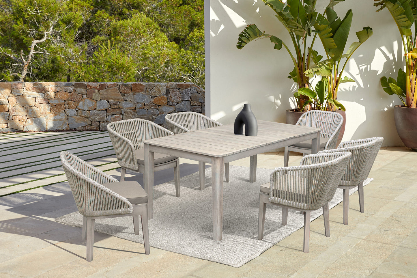 Haiti 7-Piece Patio Outdoor Dining Set in Grey Acacia Wood and Rope