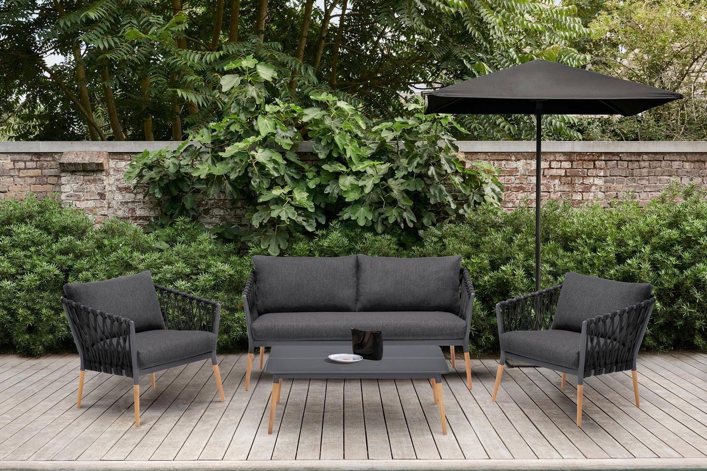 Ipanema Outdoor 4 Piece Rope and Teak Sofa Seating Set with Dark Grey Olefin