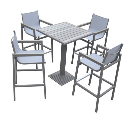 Marina Outdoor Patio Set Grey Finish and Grey Wood Top (Table with 4 barstools)