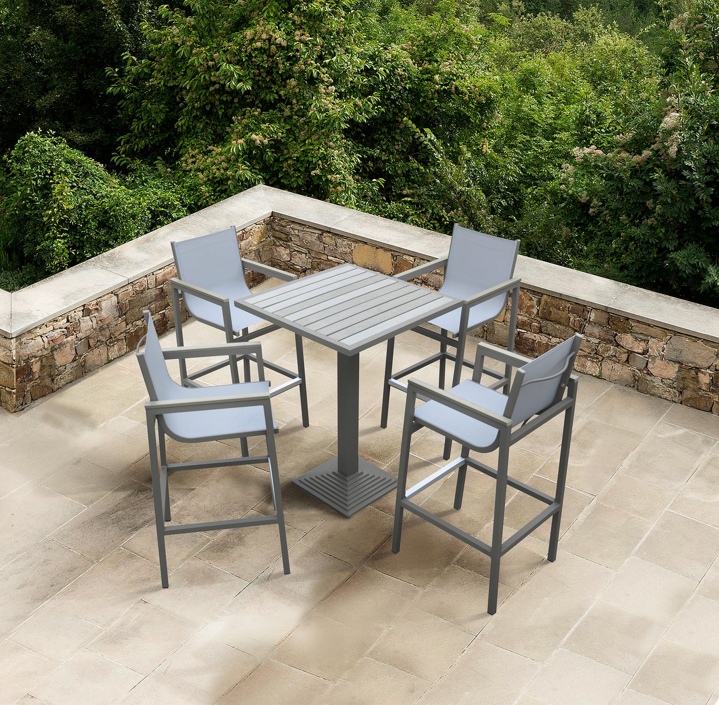Marina Outdoor Patio Set Grey Finish and Grey Wood Top (Table with 4 barstools)
