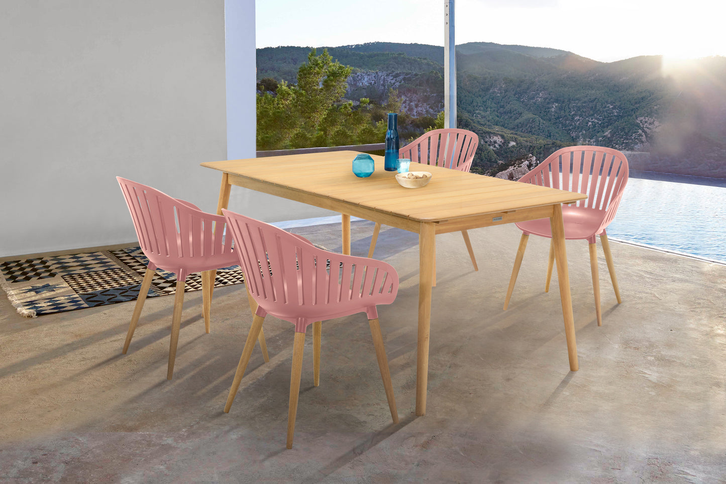 Nassau 5 piece Dining Set in Natural Wood Finish Table and Pink Peony Arm Chairs
