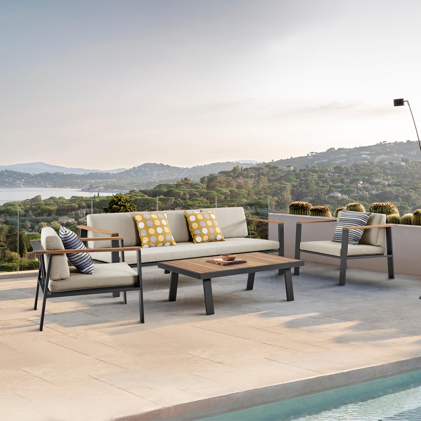Nofi 4 piece Patio Set in Charcoal Finish with Taupe Cushions and Teak Wood