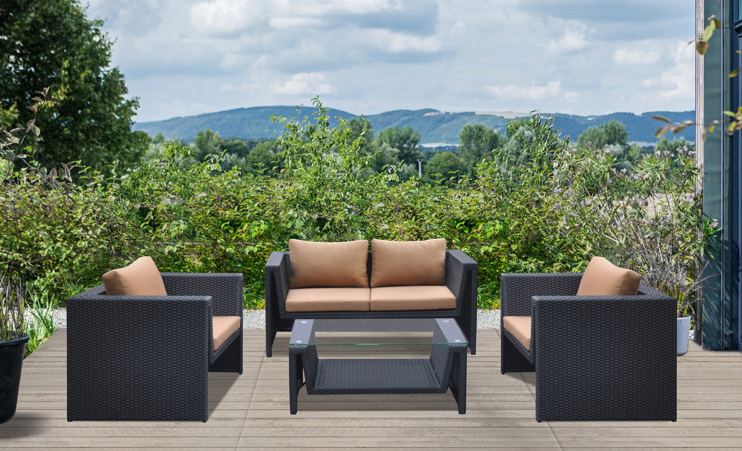 Oahu 4 piece Wicker Patio Set with Brown Fabric Cushions