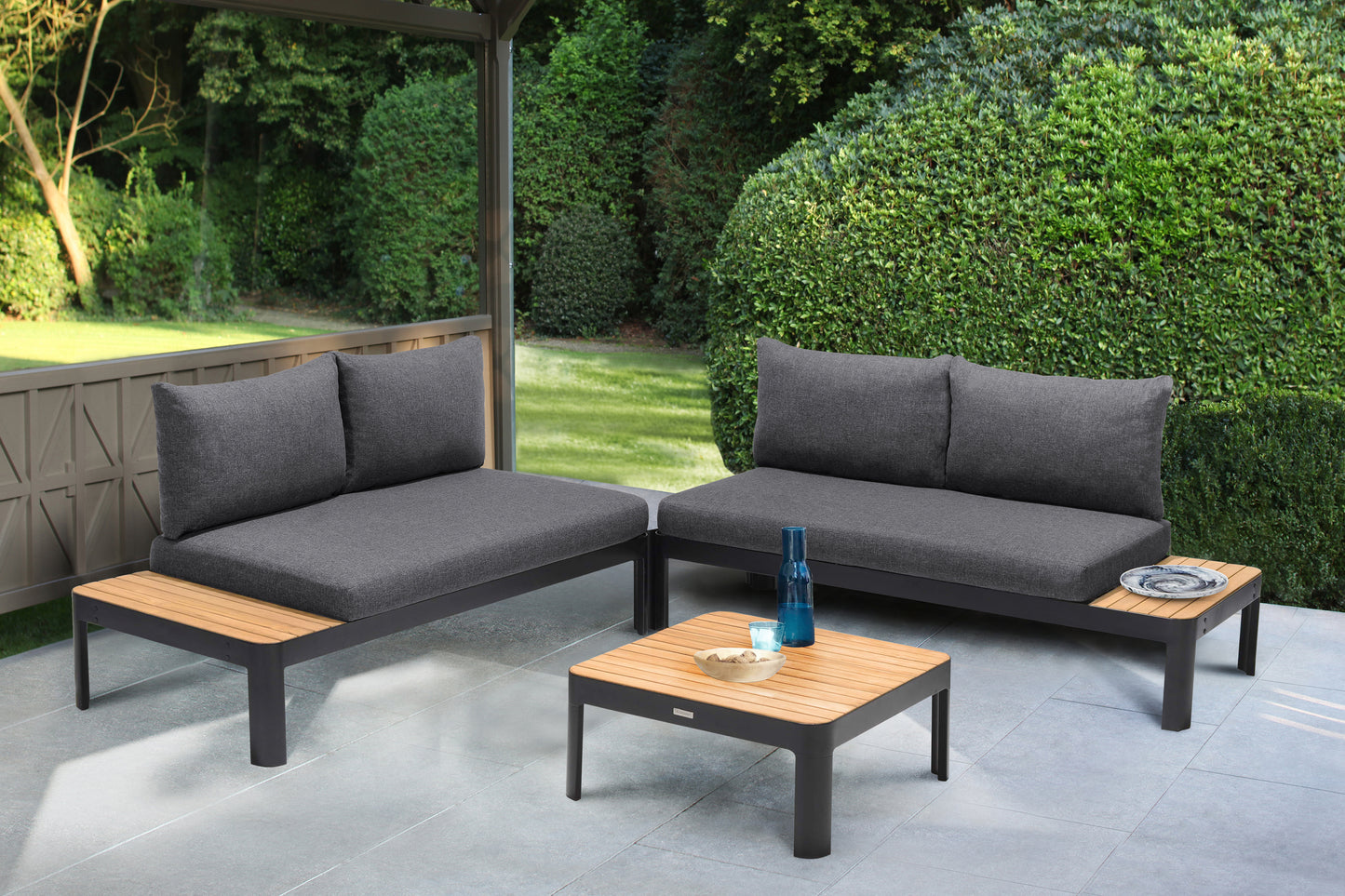 Portals 3 Piece Sofa Set in Black Finish with Natural Teak Wood Top Accent