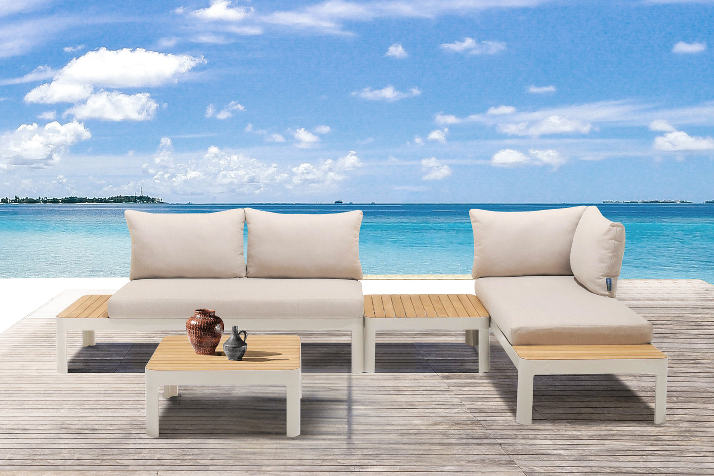 Portals Outdoor 4 Piece Sofa set in Matte Sand Finish with Natural Teak Wood
