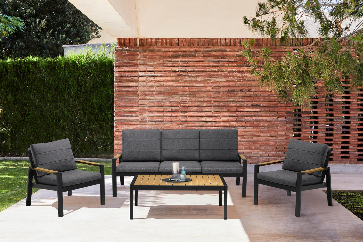 Panama Outdoor 4 Piece Black Aluminum Sofa Seating Set with Dark Grey Olefin