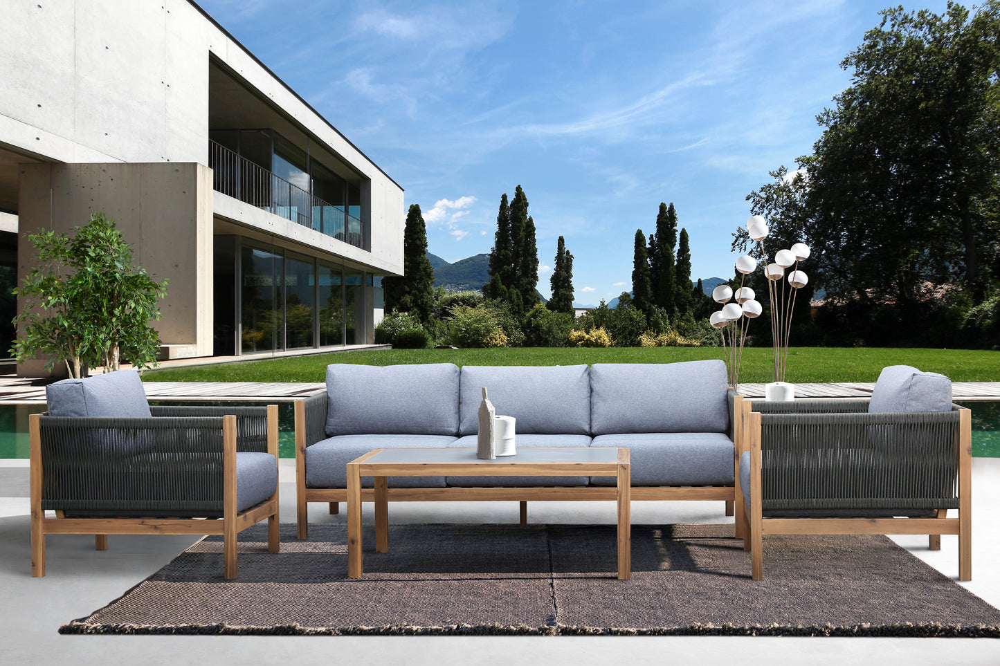 Sienna 4 Piece Acacia Wood Sofa Seating Set with Teak Finish and Grey Cushions