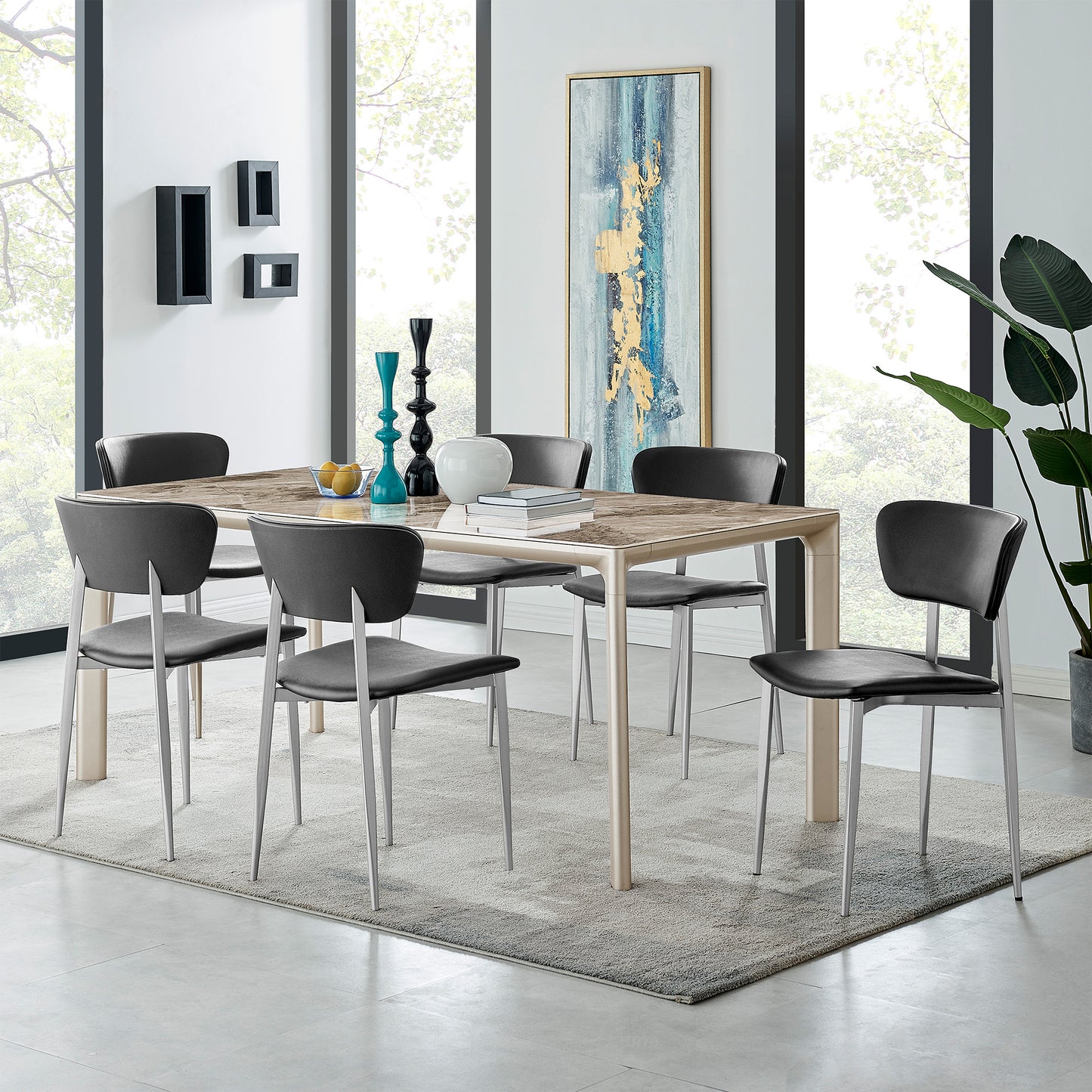 Otello and Tori Black Fabric 7 Piece Rectangular Dining Set
