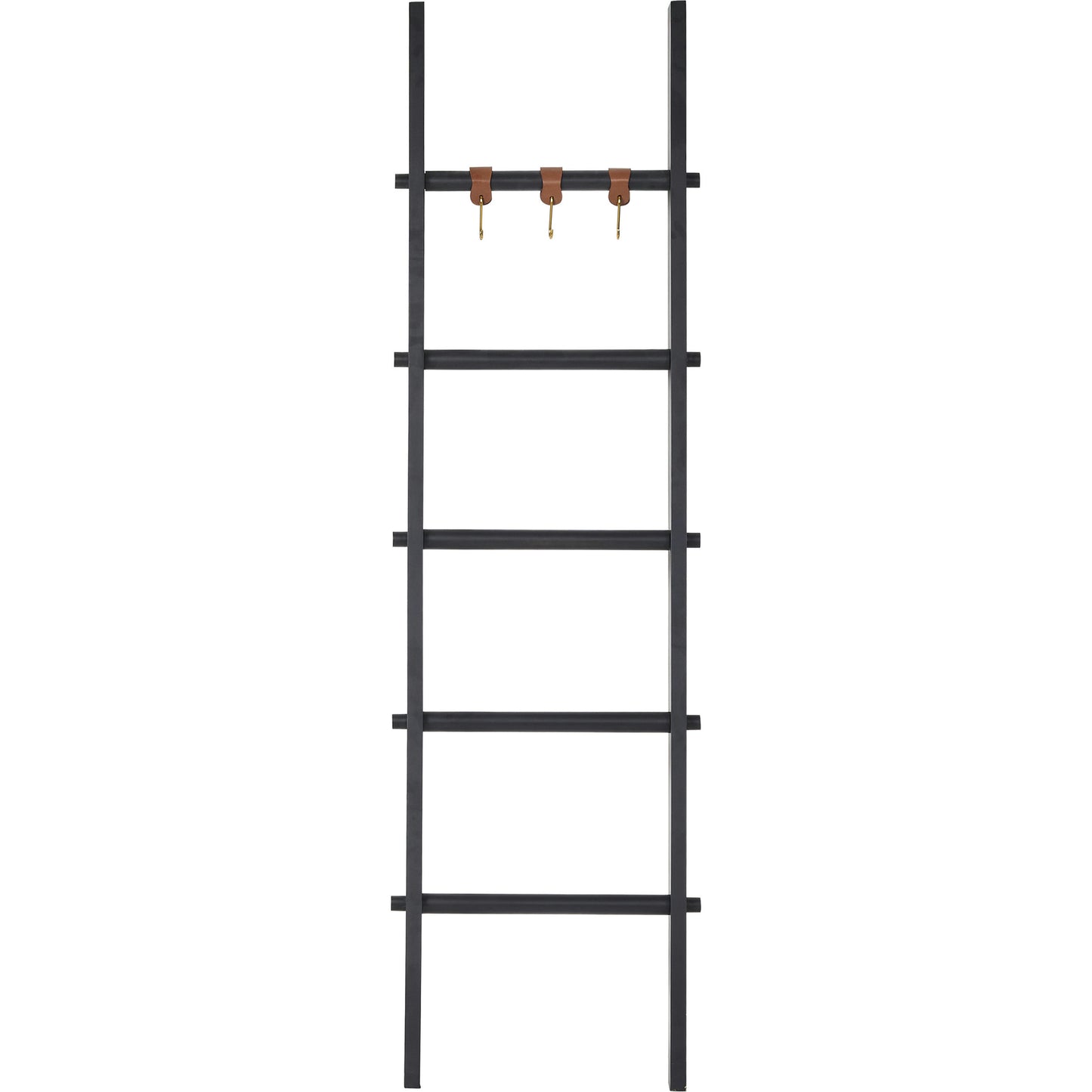 Mareva Black Mango Wood Decorative Ladder For Throws W/ Pu Leather Accent Hooks