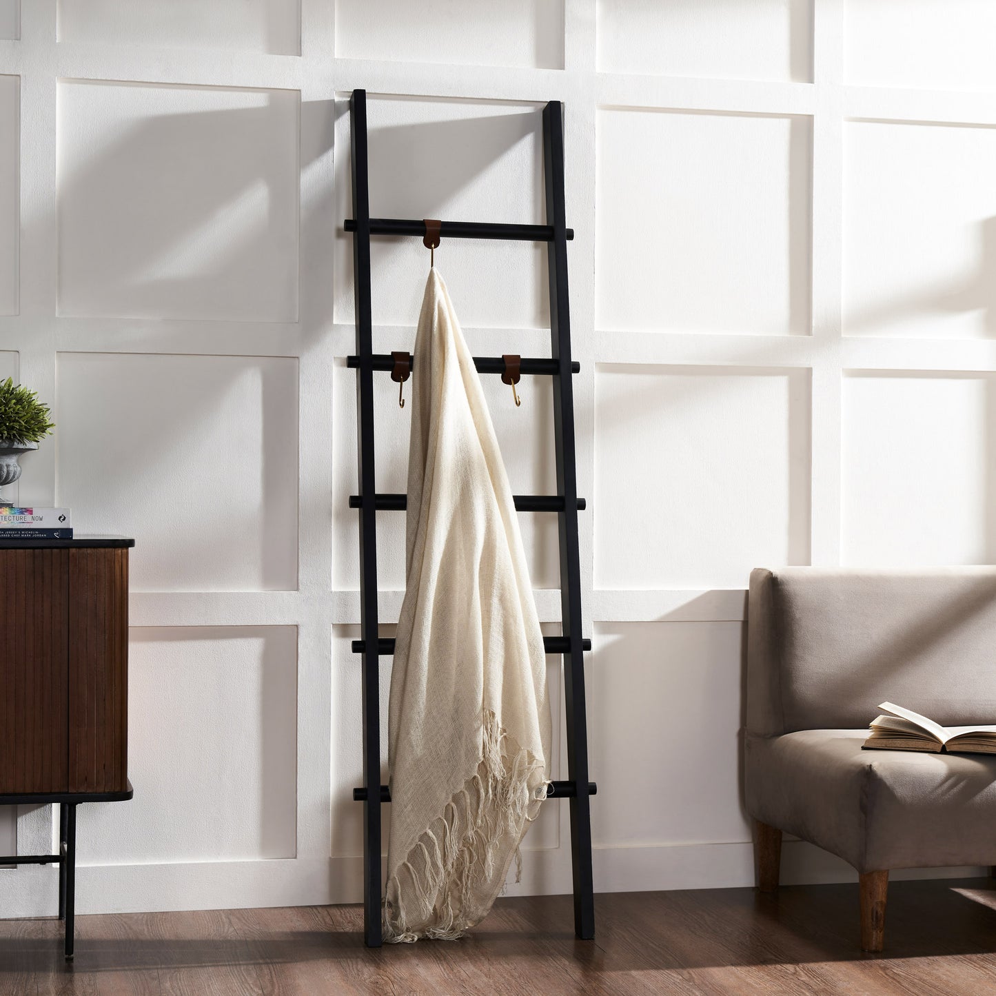 Mareva Black Mango Wood Decorative Ladder For Throws W/ Pu Leather Accent Hooks