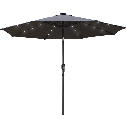 LeisureMod Sierra 9 ft Steel Market Umbrella With Solar Powerd LED & Tilt - Gray