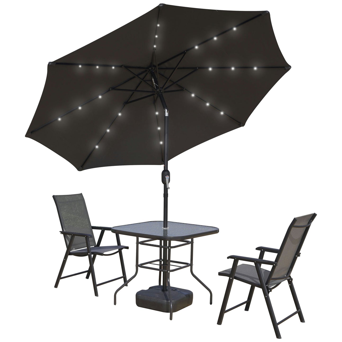 LeisureMod Sierra 9 ft Steel Market Umbrella With Solar Powerd LED & Tilt - Gray